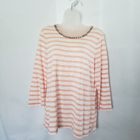 Chico's Striped Beaded Neckline 3/4 Sleeve top‎ - Picture 1 of 6